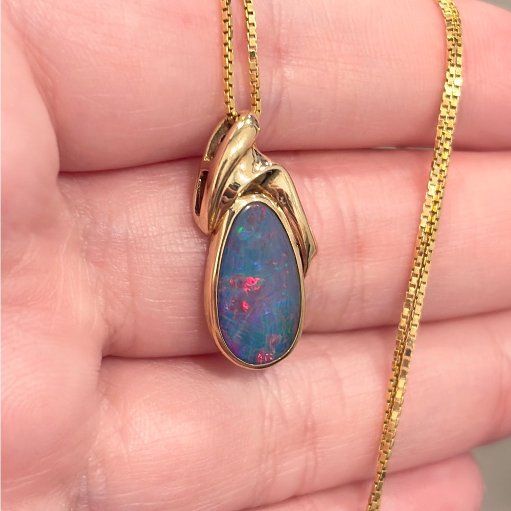 14K Australian Opal Pendant, Vintage Doublet, Crystal Dark Natural, Colorful IOG - Picture 5 of 14